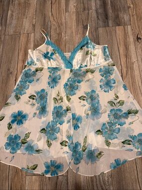 Floral Lace-Trim Chemise Nightgown in Teal Blue 100%polyester